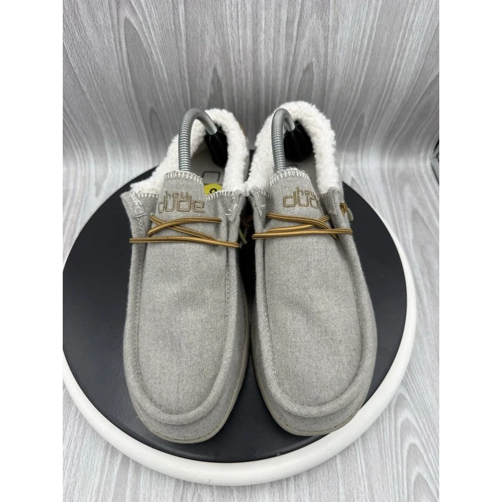 Hey Dude Wally Mens Size 11 Herringbone Grey Faux Sherpa Casual Slip On Shoes